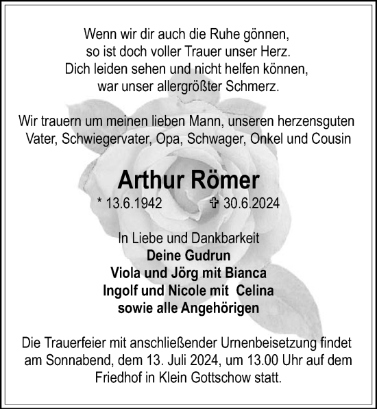 Traueranzeige von Arthur Römer von Wochenspiegel