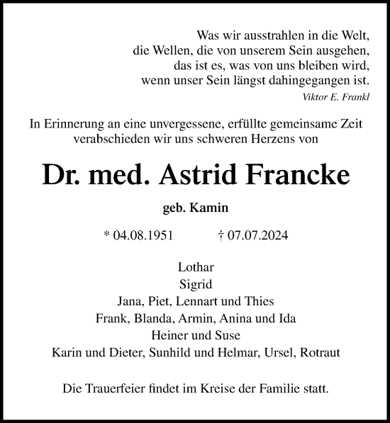 Traueranzeige von Astrid Francke von Ostsee-Zeitung GmbH