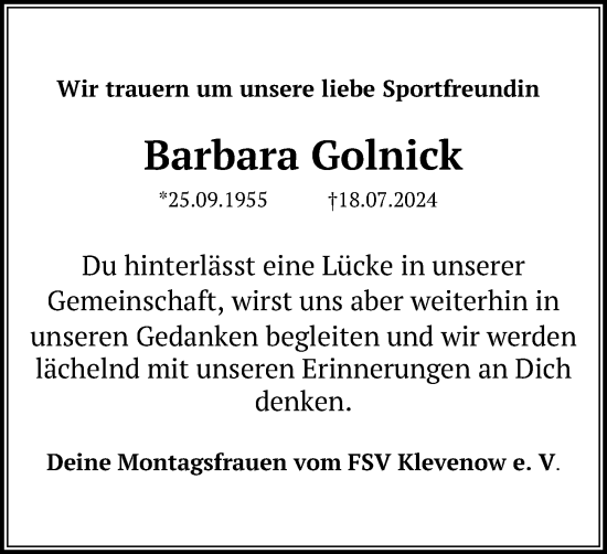 Traueranzeige von Barbara Golnick von Ostsee-Zeitung GmbH
