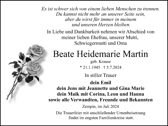 Traueranzeige von Beate Heidemarie Martin von Ostsee-Zeitung GmbH
