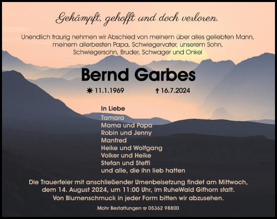 Traueranzeige von Bernd Garbes von Aller Zeitung