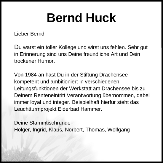 Traueranzeige von Bernd Huck von Kieler Nachrichten