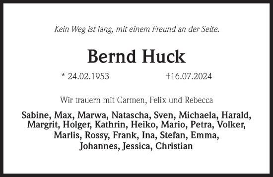 Traueranzeige von Bernd Huck von Kieler Nachrichten