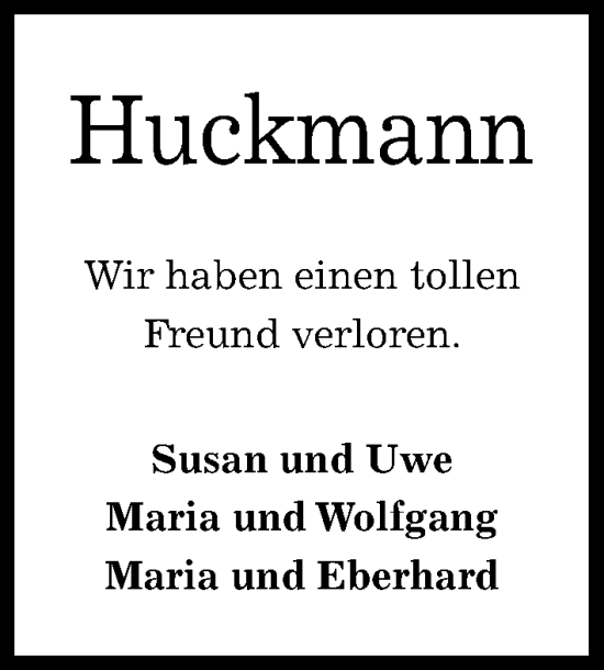 Traueranzeige von Bernd Huck von Kieler Nachrichten