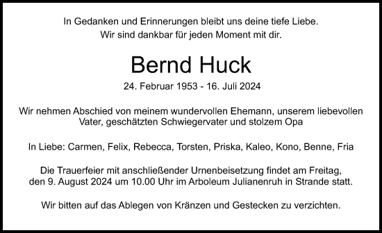 Traueranzeige von Bernd Huck von Kieler Nachrichten