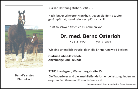 Traueranzeige von Bernd Osterloh von Göttinger Tageblatt