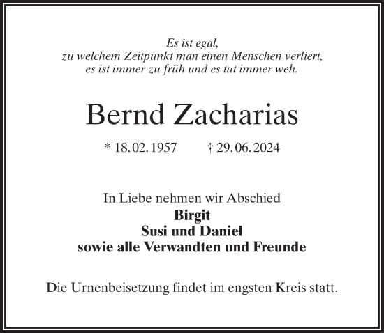 Traueranzeige von Bernd Zacharias von Märkischen Allgemeine Zeitung