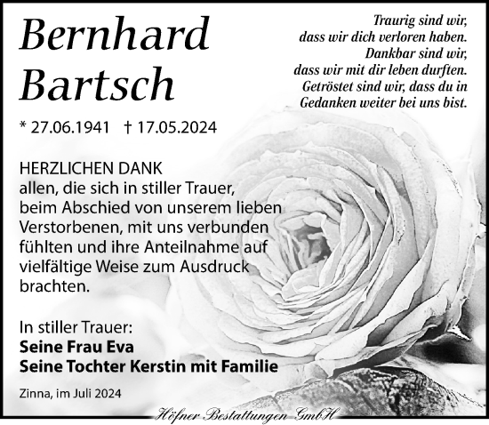 Traueranzeige von Bernhard Bartsch von Torgauer Zeitung