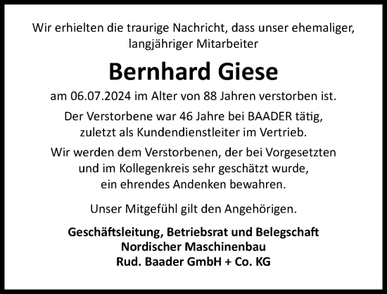 Traueranzeige von Bernhard Giese von Lübecker Nachrichten