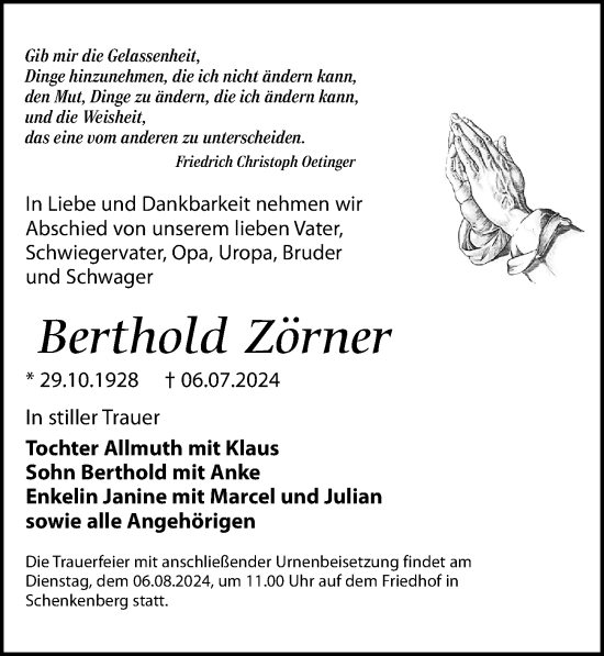 Traueranzeige von Berthold Zörner von Leipziger Volkszeitung