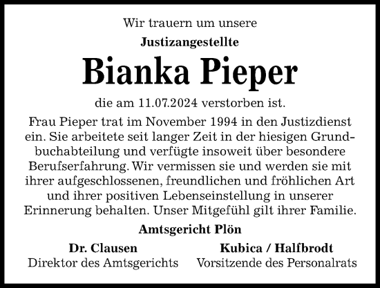 Traueranzeige von Bianka Pieper von Kieler Nachrichten