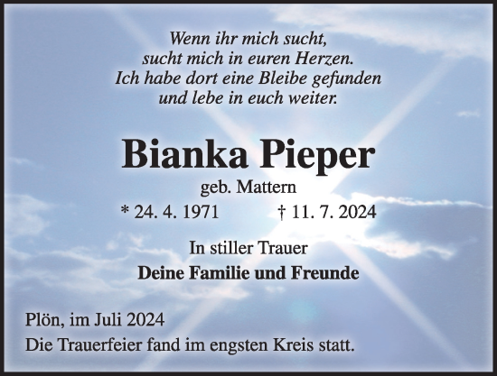 Traueranzeige von Bianka Pieper von Kieler Nachrichten