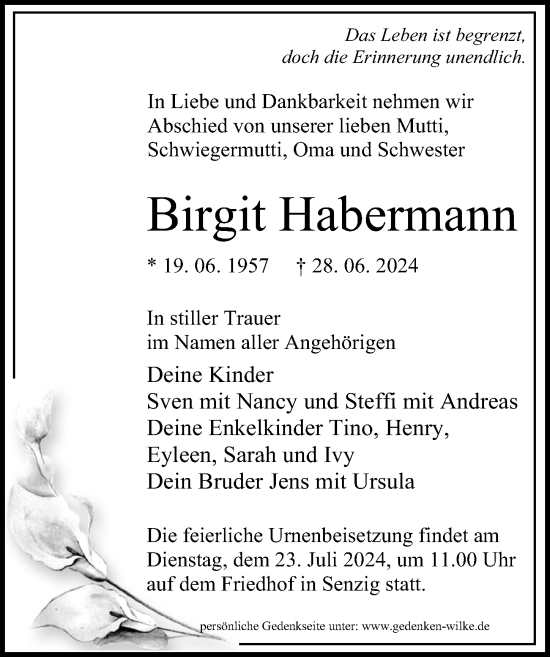 Traueranzeige von Birgit Habermann von Märkischen Allgemeine Zeitung