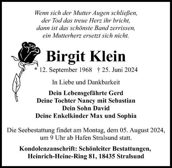 Traueranzeige von Birgit Klein von Ostsee-Zeitung GmbH