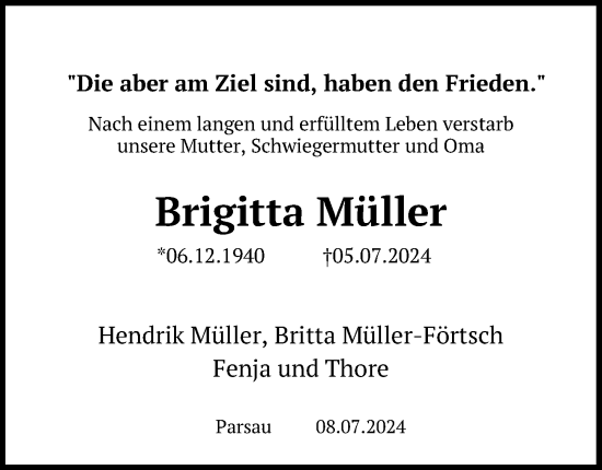 Traueranzeige von Brigitta Müller von Aller Zeitung
