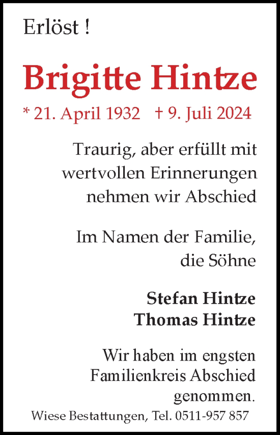 Traueranzeige von Brigitte Hintze von Hannoversche Allgemeine Zeitung/Neue Presse