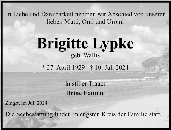 Traueranzeige von Brigitte Lypke von Ostsee-Zeitung GmbH
