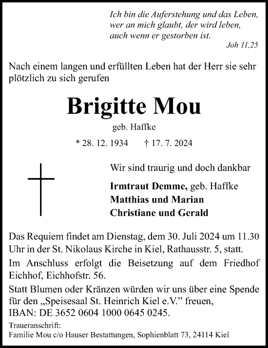 Traueranzeige von Brigitte Mou von Kieler Nachrichten