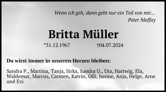 Traueranzeige von Britta Müller von Lübecker Nachrichten