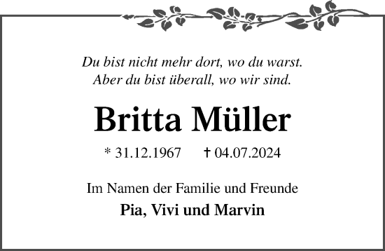 Traueranzeige von Britta Müller von Lübecker Nachrichten