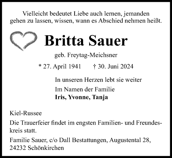 Traueranzeige von Britta Sauer von Kieler Nachrichten