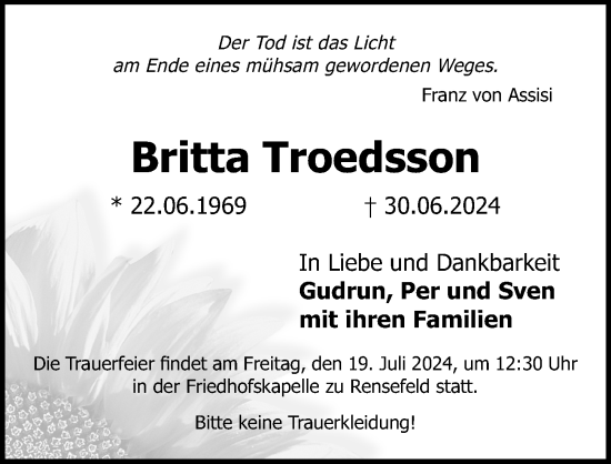Traueranzeige von Britta Troedsson von Lübecker Nachrichten