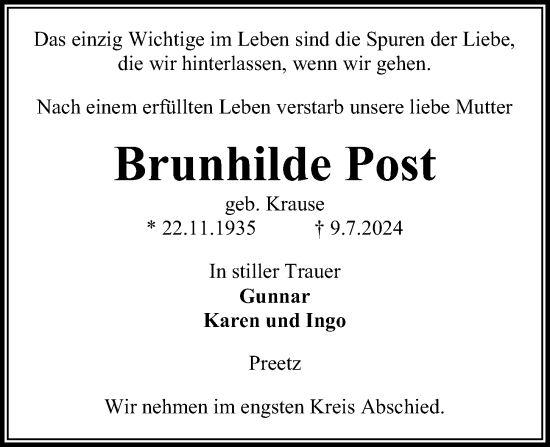 Traueranzeige von Brunhilde Post von Kieler Nachrichten