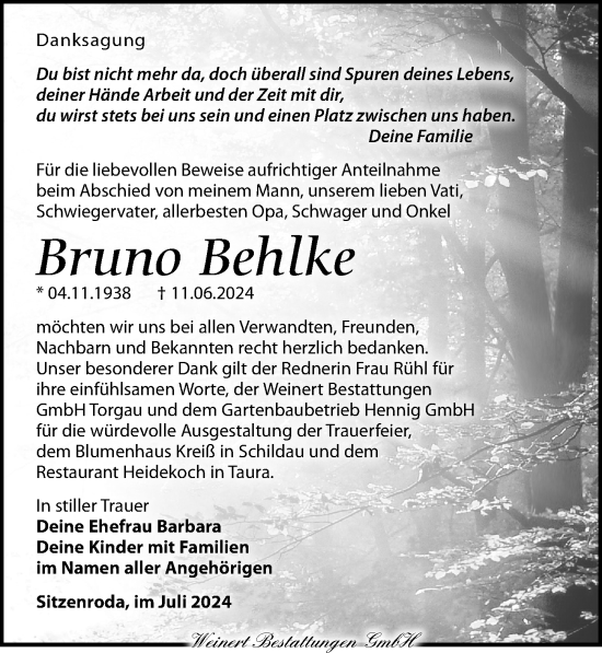 Traueranzeige von Bruno Behlke von Torgauer Zeitung