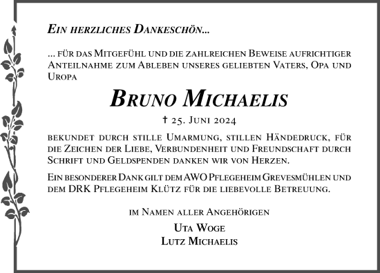 Traueranzeige von Bruno Michaelis von Ostsee-Zeitung GmbH