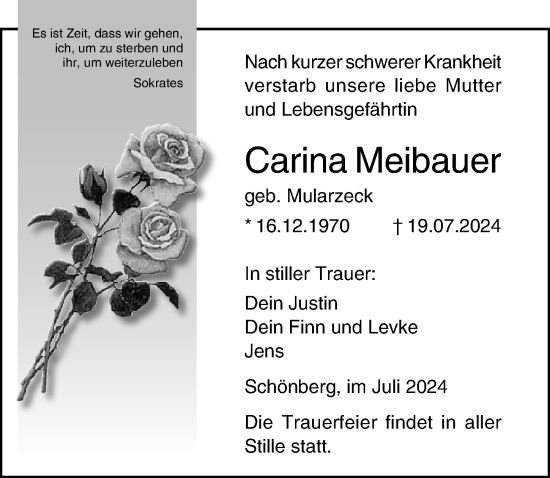 Traueranzeige von Carina Meibauer von Ostsee-Zeitung GmbH