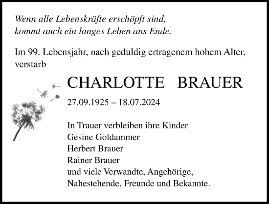 Traueranzeige von Charlotte Brauer von Ostsee-Zeitung GmbH