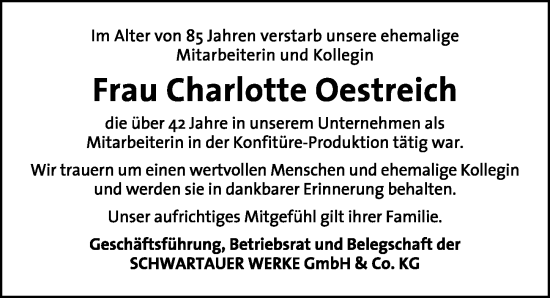 Traueranzeige von Charlotte Oestreich von Lübecker Nachrichten