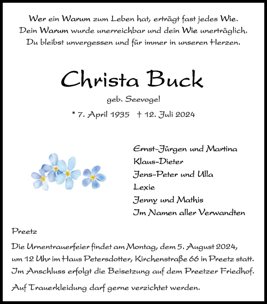 Traueranzeige von Christa Buck von Kieler Nachrichten