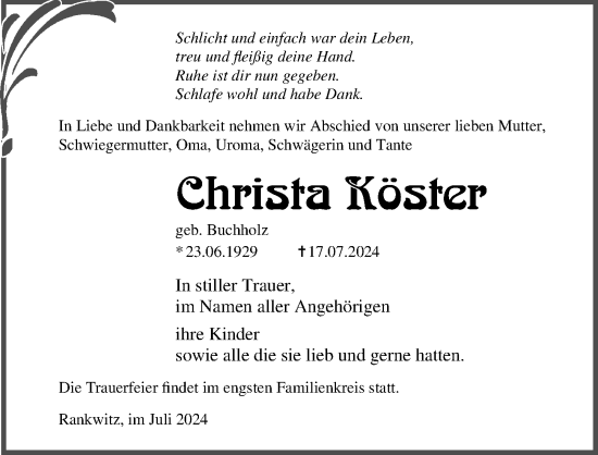 Traueranzeige von Christa Köster von Ostsee-Zeitung GmbH