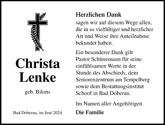 Traueranzeige von Christa Lenke von Ostsee-Zeitung GmbH
