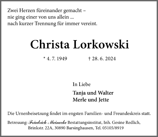 Traueranzeige von Christa Lorkowski von Hannoversche Allgemeine Zeitung/Neue Presse