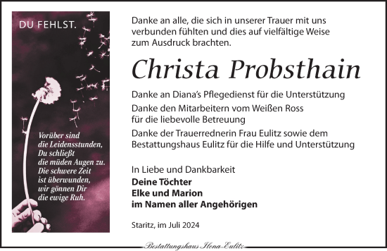 Traueranzeige von Christa Probsthain von Torgauer Zeitung