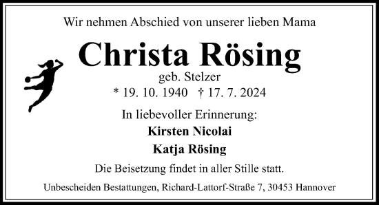 Traueranzeige von Christa Rösing von Hannoversche Allgemeine Zeitung/Neue Presse