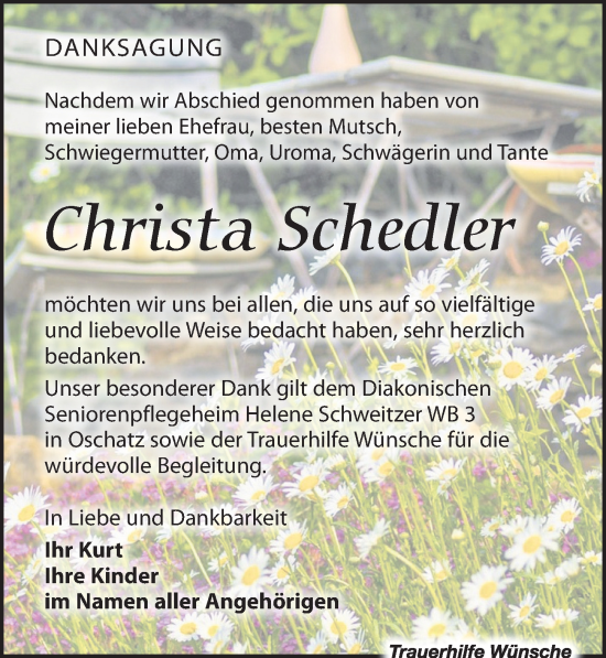 Traueranzeige von Christa Schedler von Leipziger Volkszeitung
