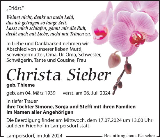 Traueranzeige von Christa Sieber von Leipziger Volkszeitung
