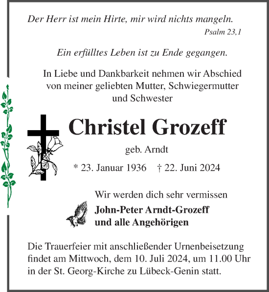 Traueranzeige von Christel Grozeff von Lübecker Nachrichten