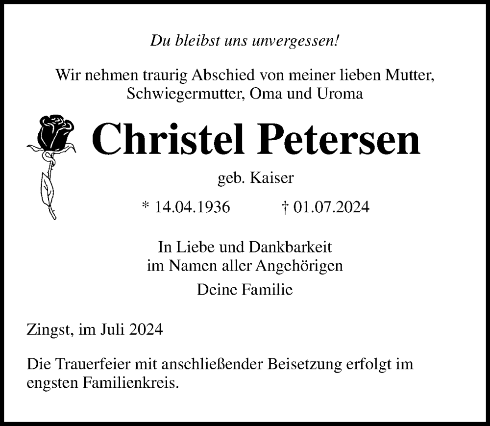  Traueranzeige für Christel Petersen vom 10.07.2024 aus Ostsee-Zeitung GmbH