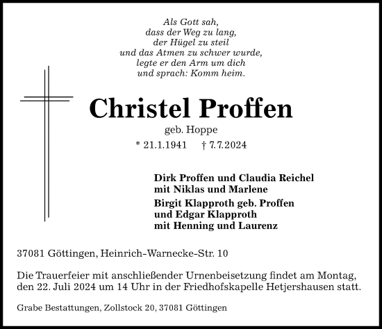 Traueranzeige von Christel Proffen von Göttinger Tageblatt