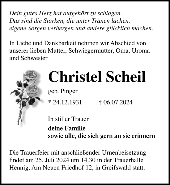 Traueranzeige von Christel Scheil von Ostsee-Zeitung GmbH