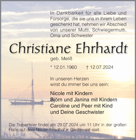 Traueranzeige von Christiane Ehrhardt von Ostsee-Zeitung GmbH