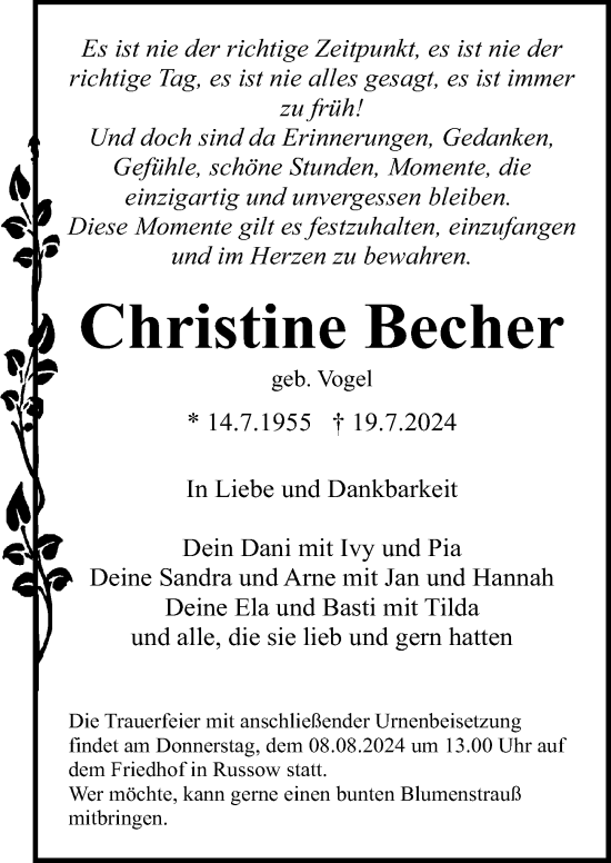 Traueranzeige von Christine Becher von Ostsee-Zeitung GmbH