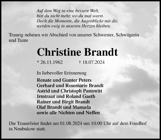 Traueranzeige von Christine Brandt von Ostsee-Zeitung GmbH