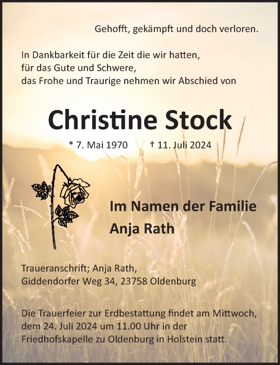 Traueranzeige von Christine Stock von Lübecker Nachrichten