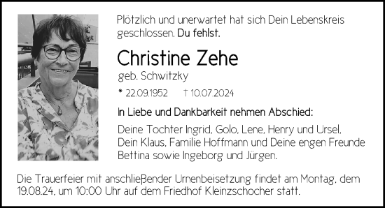 Traueranzeige von Christine Zehe von Leipziger Volkszeitung