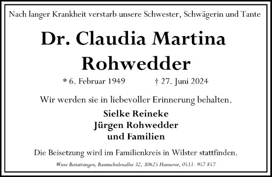 Traueranzeige von Claudia Martina Rohwedder von Hannoversche Allgemeine Zeitung/Neue Presse